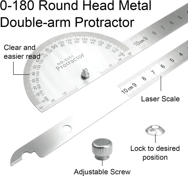 EQUNROY Protractor and Compass Set - 10cm (3.94 Inch) Stainless Steel Angle Finder with 2 Metal Compasses, 180° Adjustable Two Arm Ruler for Geometry, Woodworking, Engineering & School Supplies - Image 3